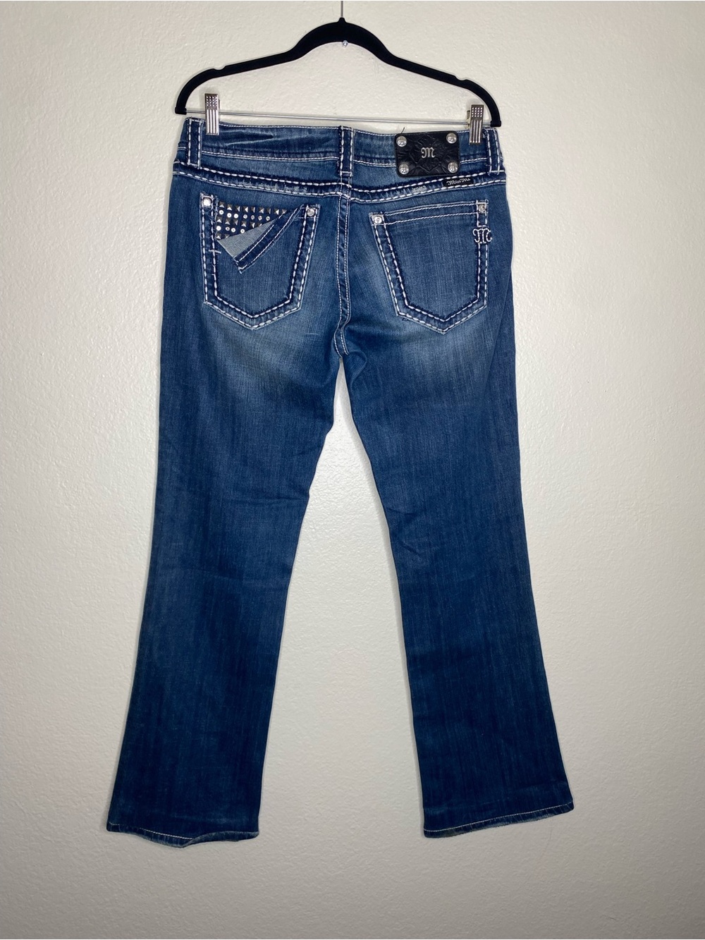 Miss Me Dark Blue Boot Cut Jeans with White Contrast Stitching